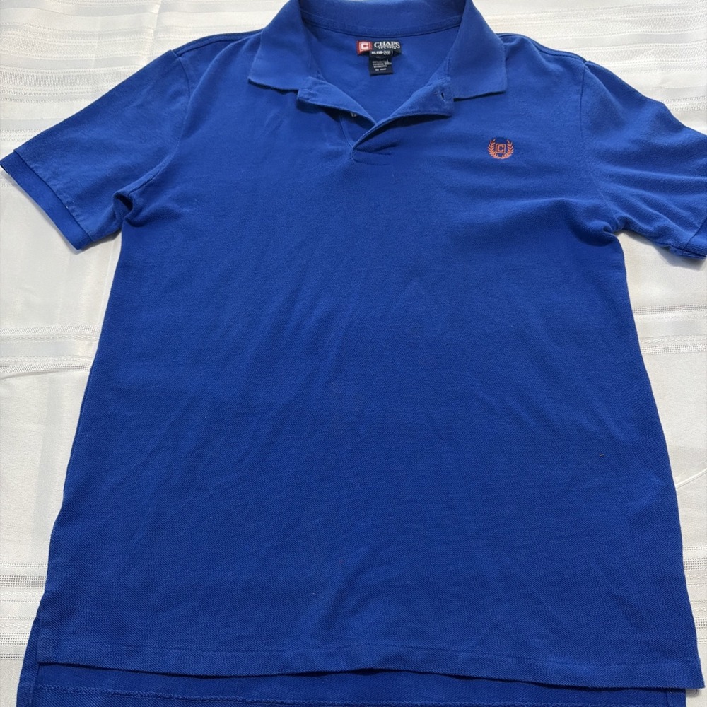 Chaps Boys XL 18-20 Blue Short Sleeve Pique Polo Shirt Orange Crest Logo Cotton